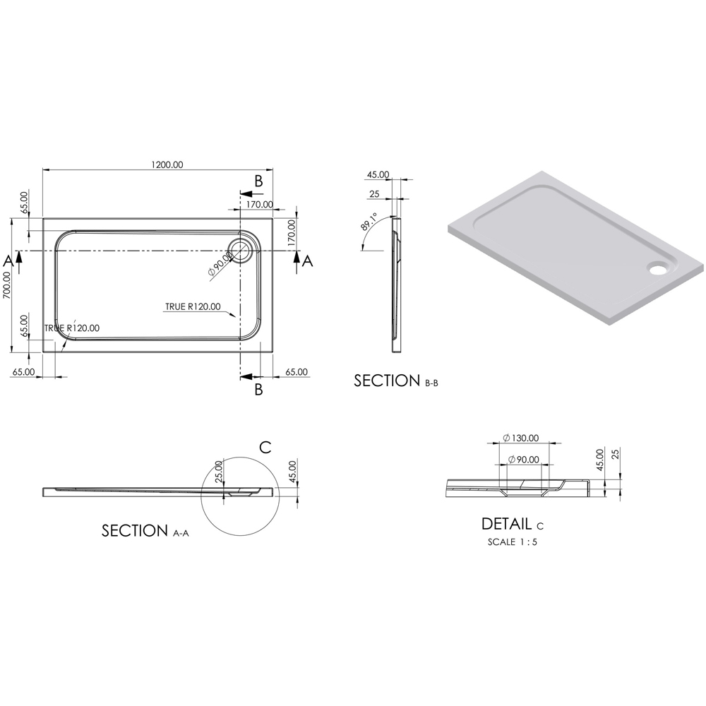 Bathstore 45mm White Glass Reinforced Plastic Rectangular Shower Tray with Chrome Waste 1200 x 700mm Image 3