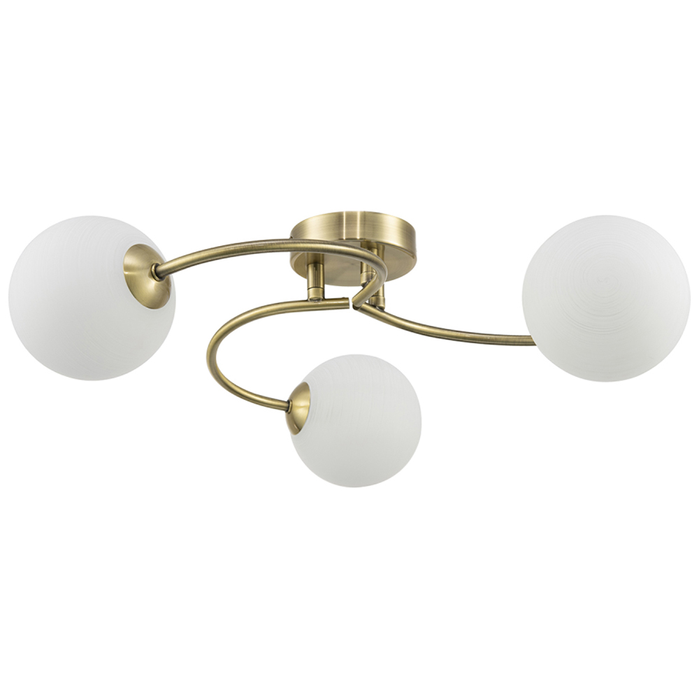 Happy Homewares 3 Arm Antique Brass Ceiling Light with Opal Swirl Glass Spherical Shades Image 1