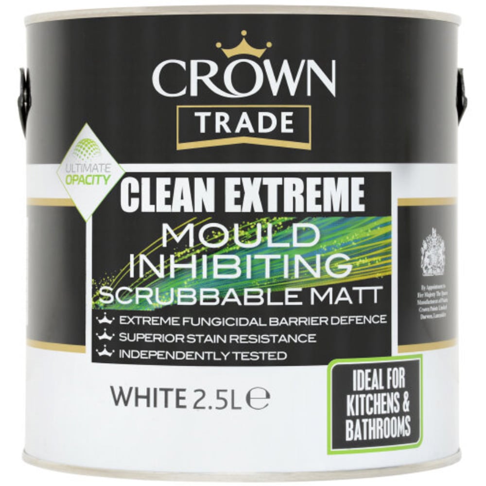 Crown Trade Clean Extreme White Mould Inhibiting Scrubbable Matt Paint 2.5L Image 2