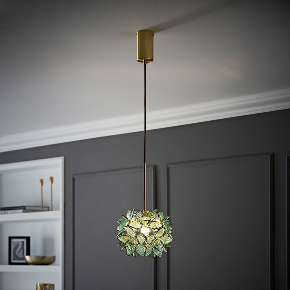 ValueLights Reine Aqua Glass Shade Brushed Gold LED Ceiling Pendant Light Image 2