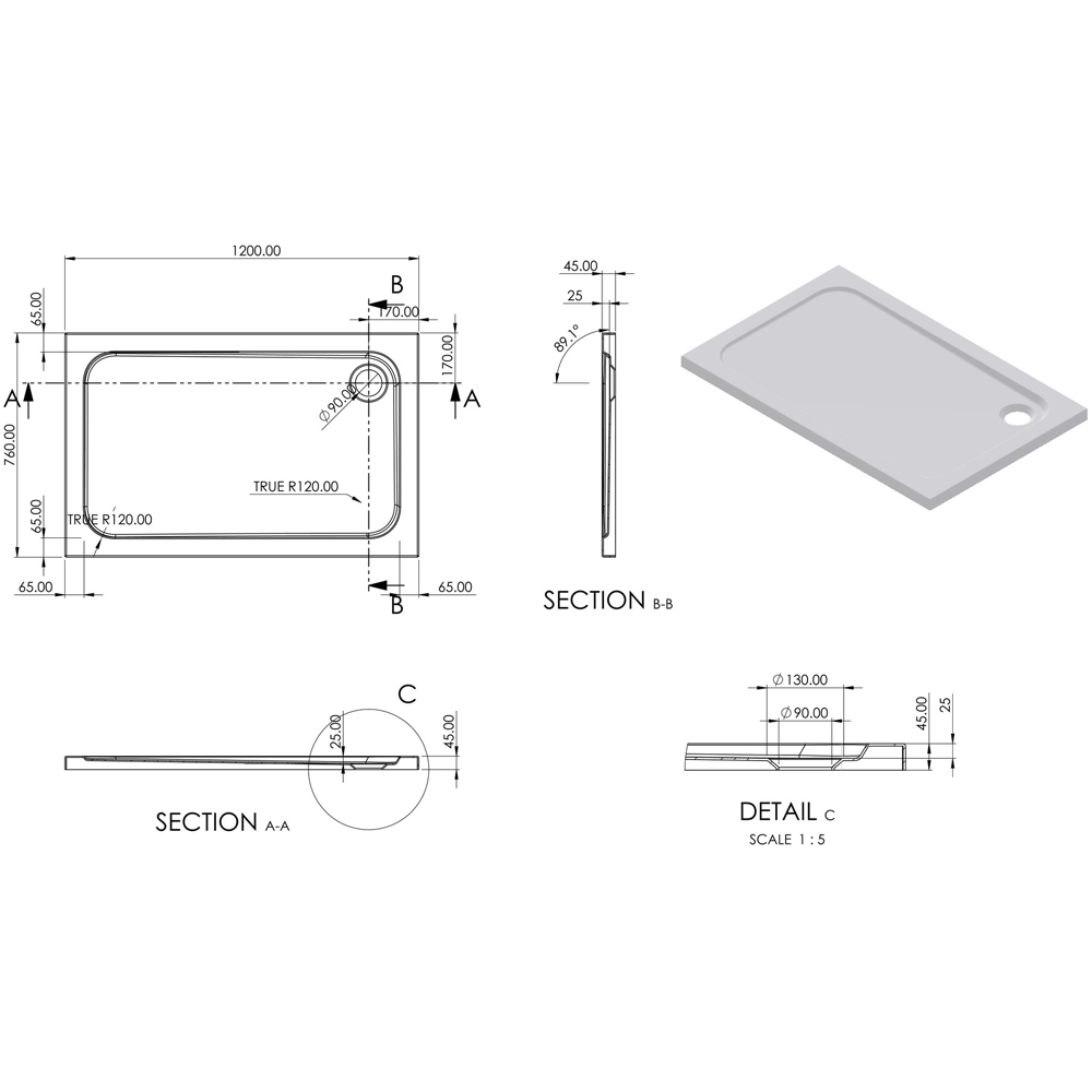 Bathstore 45mm White Glass Reinforced Plastic Rectangular Shower Tray with Chrome Waste 1200 x 760mm Image 3