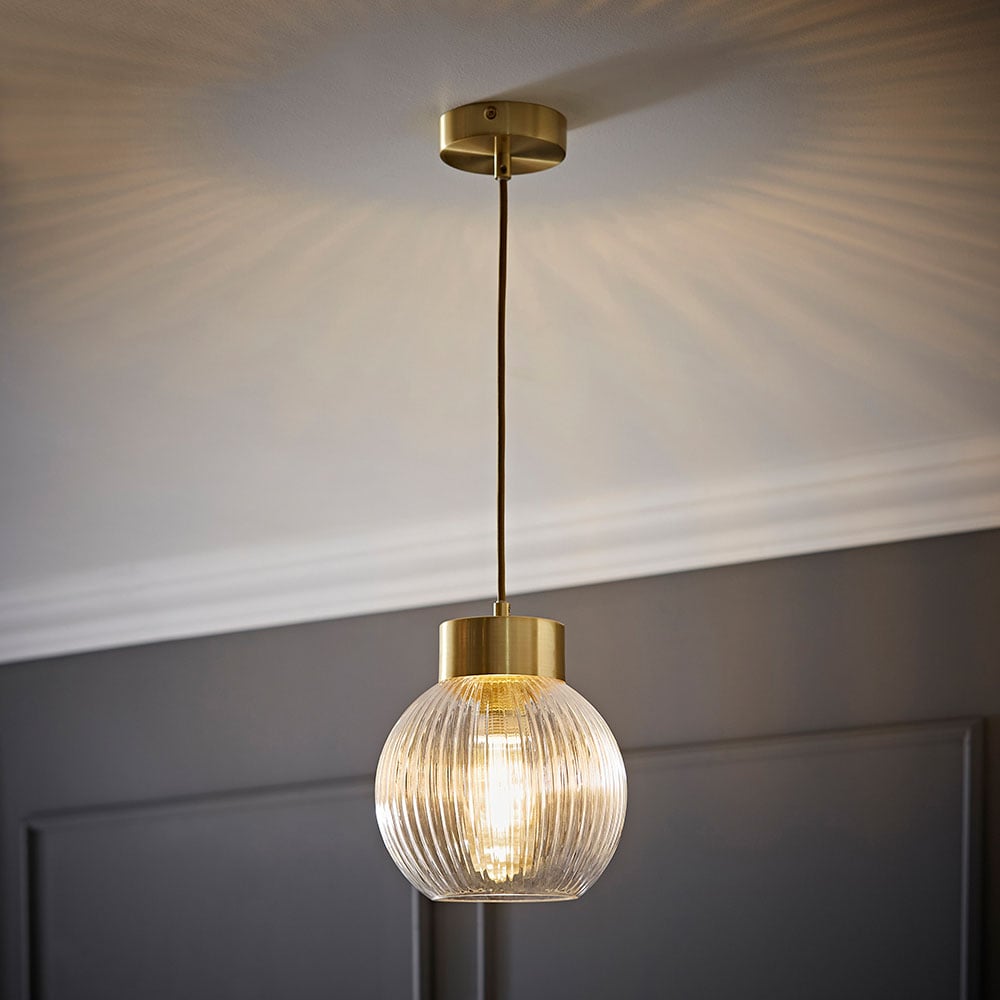 ValueLights Maddison Ribbed Glass Shade Brushed Gold Capped LED Ceiling Pendant Light Image 6