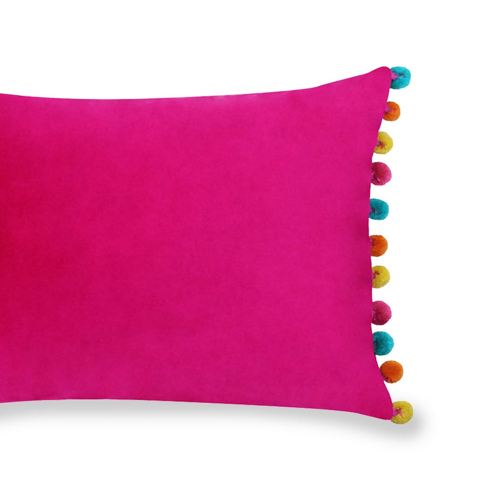 Paoletti Fiesta Hot Pink Multicolour Pom Pom Velvet Cushion Image 3