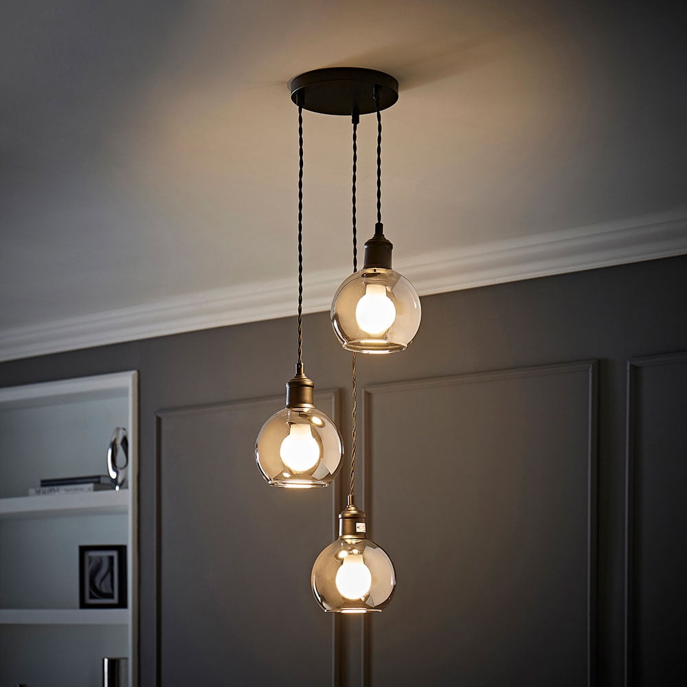 ValueLights Bellamy Smoked Glass Globe 3 Drop Matte Black LED Ceiling Pendant Light Image 6