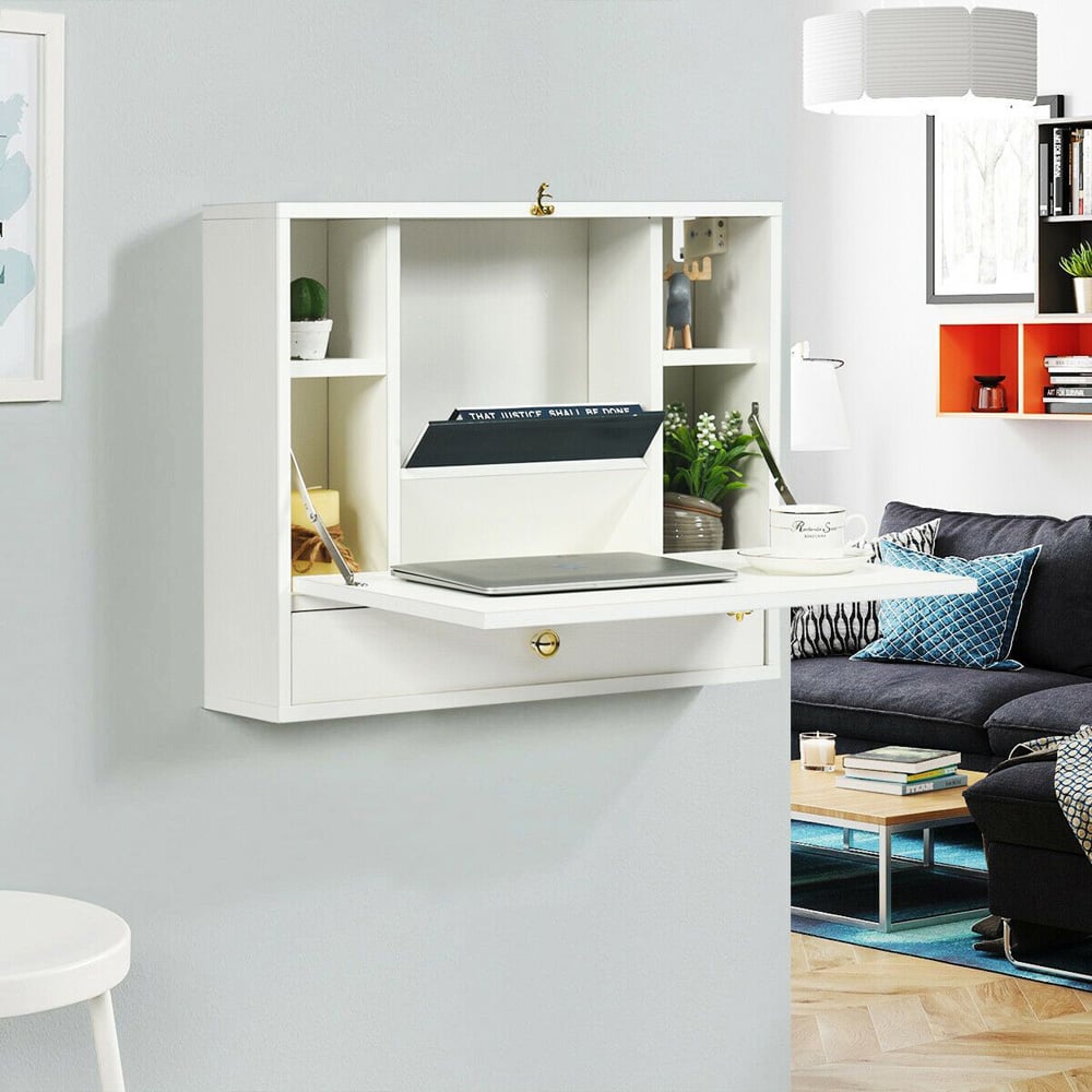 Costway Wall Mounted Foldable Wooden Cabinet with Multi-functional Desk White Image 3