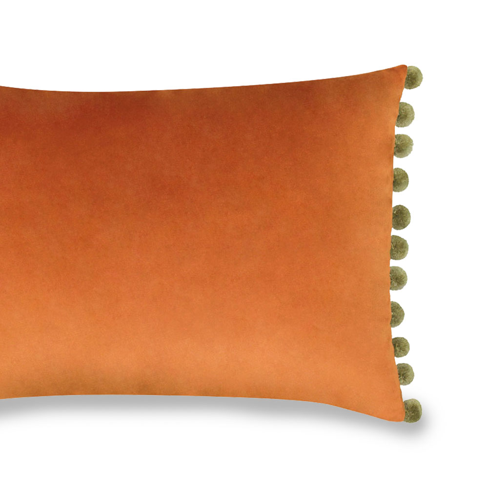 Paoletti Fiesta Rust Khaki Pom Pom Velvet Cushion Image 3