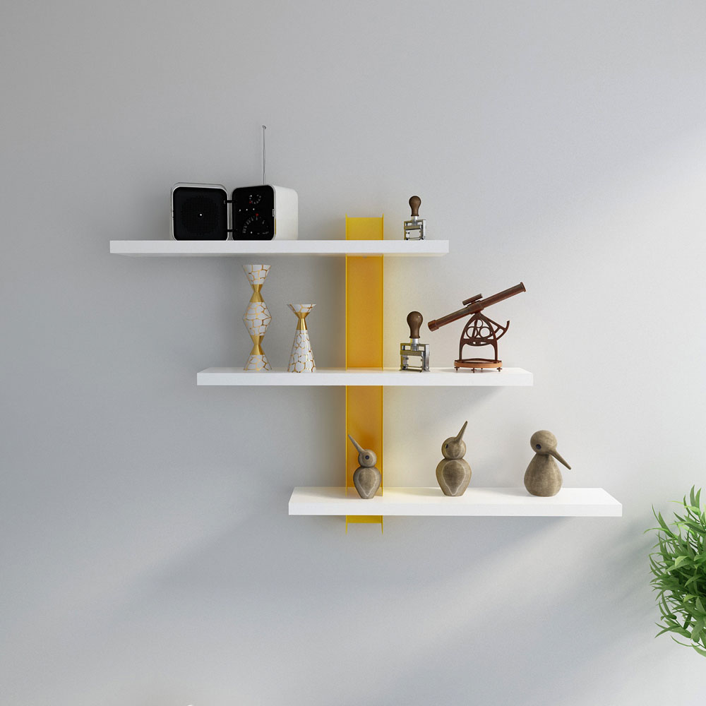 Decorotika Mita 3 Shelf White and Yellow Adjustable Wall Mounted Display Unit Image 4