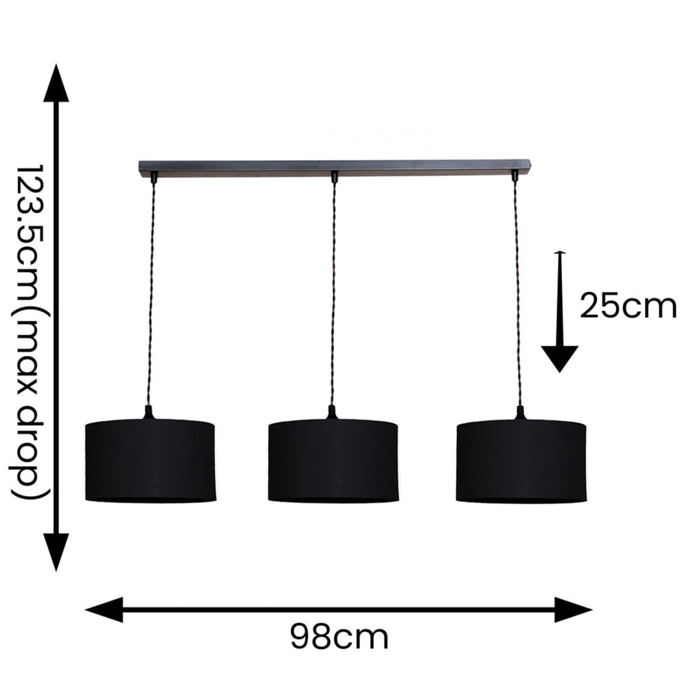 ValueLights Reni Black Fabric Drum Shade 3 Drop Bar Black Diner LED Ceiling Light Image 4