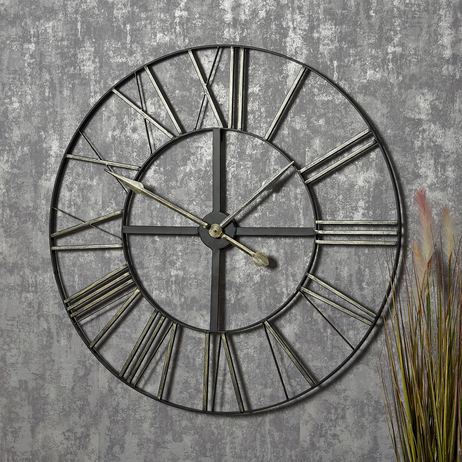 Black Iron Silver Numerals Round Wall Clock 90cm Image 2
