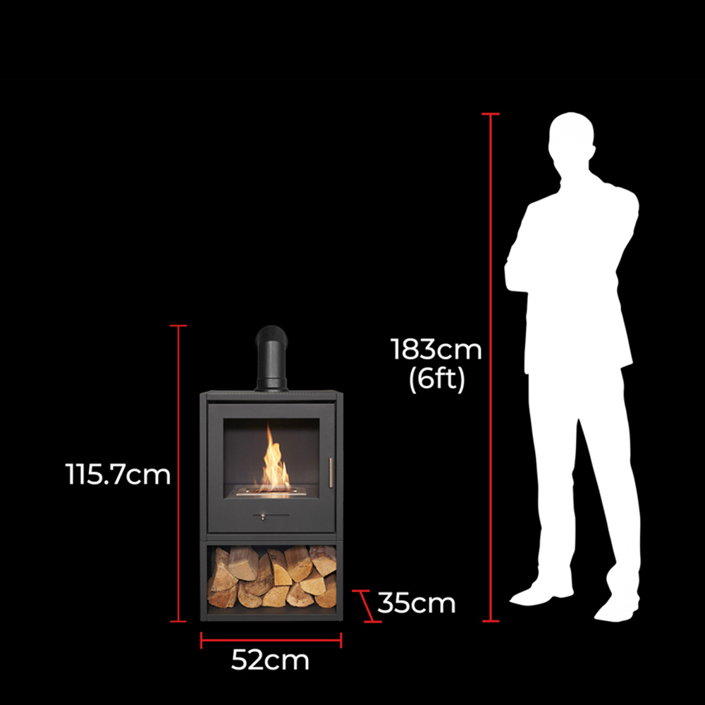 OKO S3 Charcoal Grey Bio Ethanol Stove with Log Storage and Angled Pipe Image 7