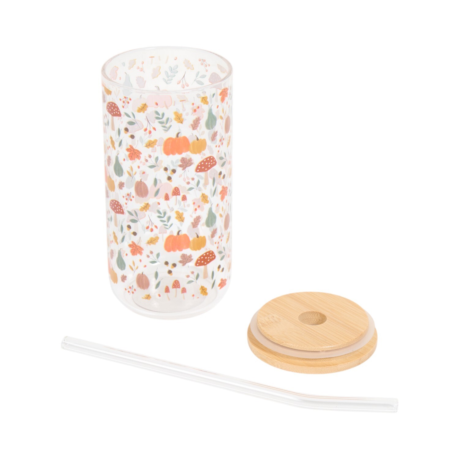 Autumn Print Glass Drinking Jar with Straw Image 3