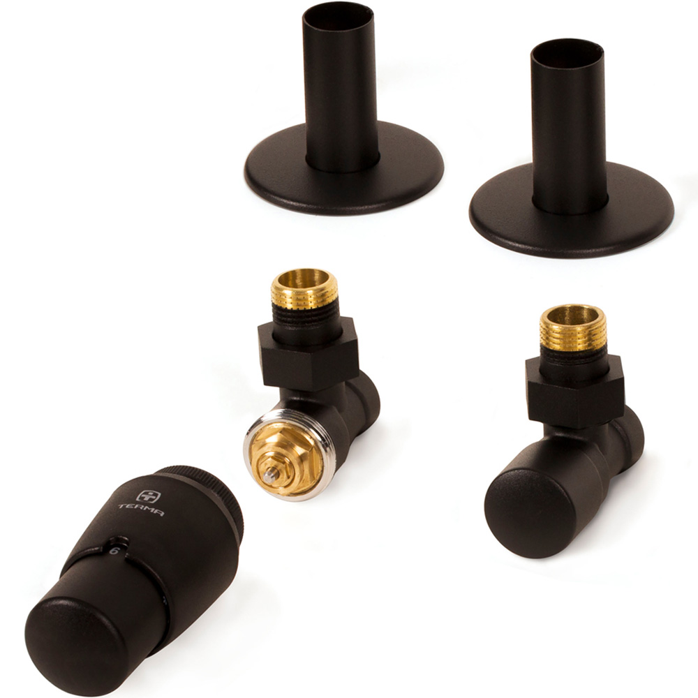 Terma Vario Heban Black Royal Angled Thermostatic Radiator Valve Set with Pipe Masking Set Image 2