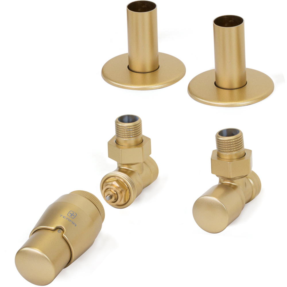 Terma Vario Brass Royal Angled Thermostatic Radiator Valve with Pipe Masking Set Image 2
