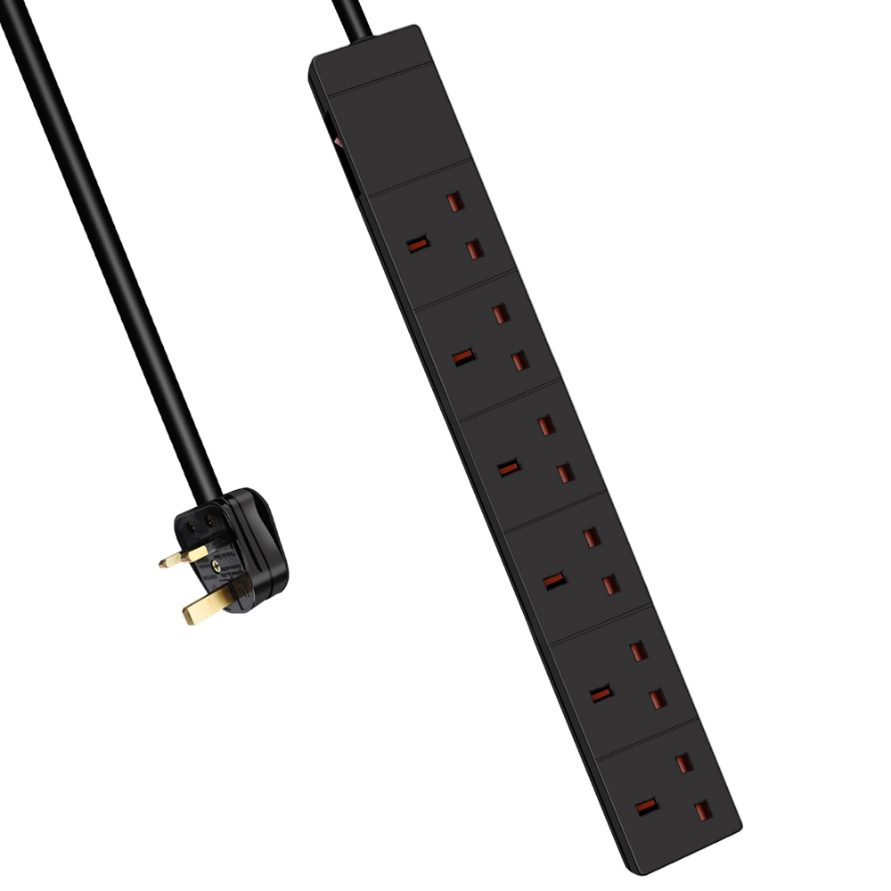 ExtraStar 6 Way 13A Black Extension Lead with Switch 2m Image 1