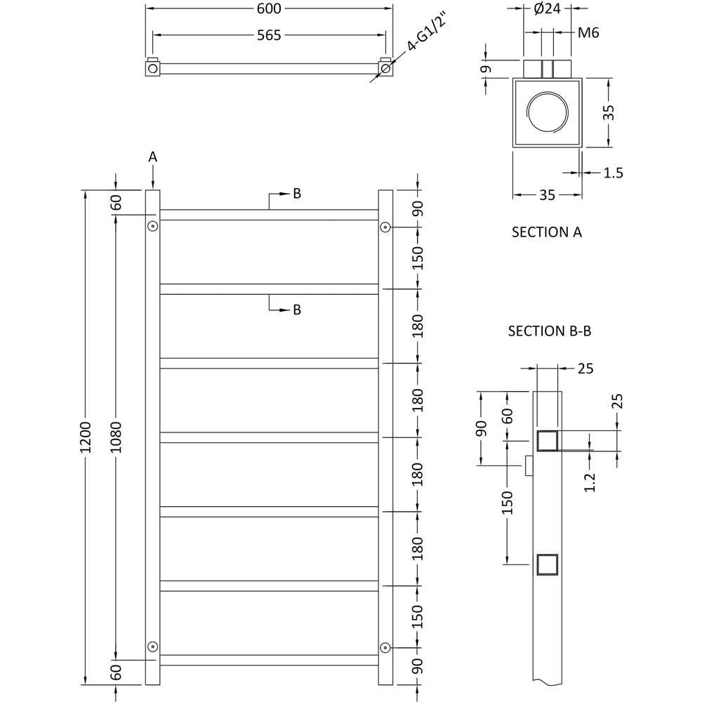 nuie Eton Chrome Heated Towel Rail 1200 x 600mm Image 3