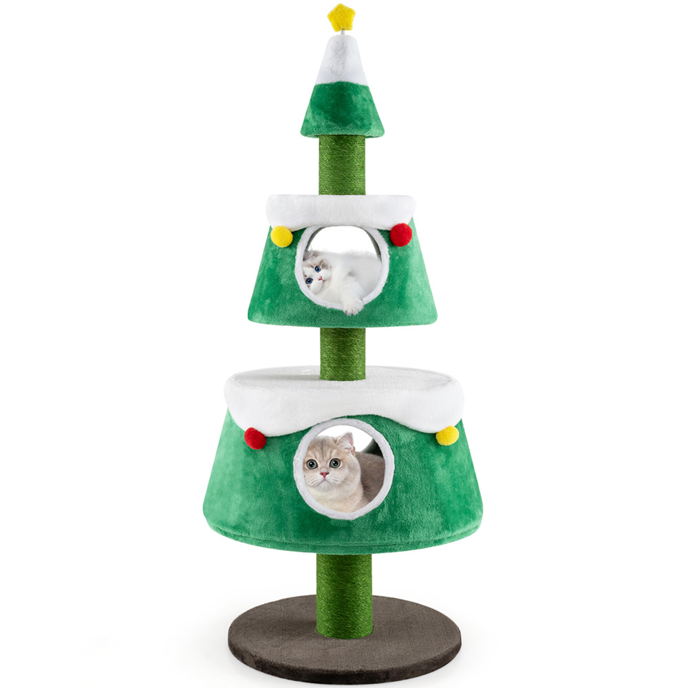 Costway Green Double Condo Christmas Tree Shaped Indoor Cat Scratching Post Image 3