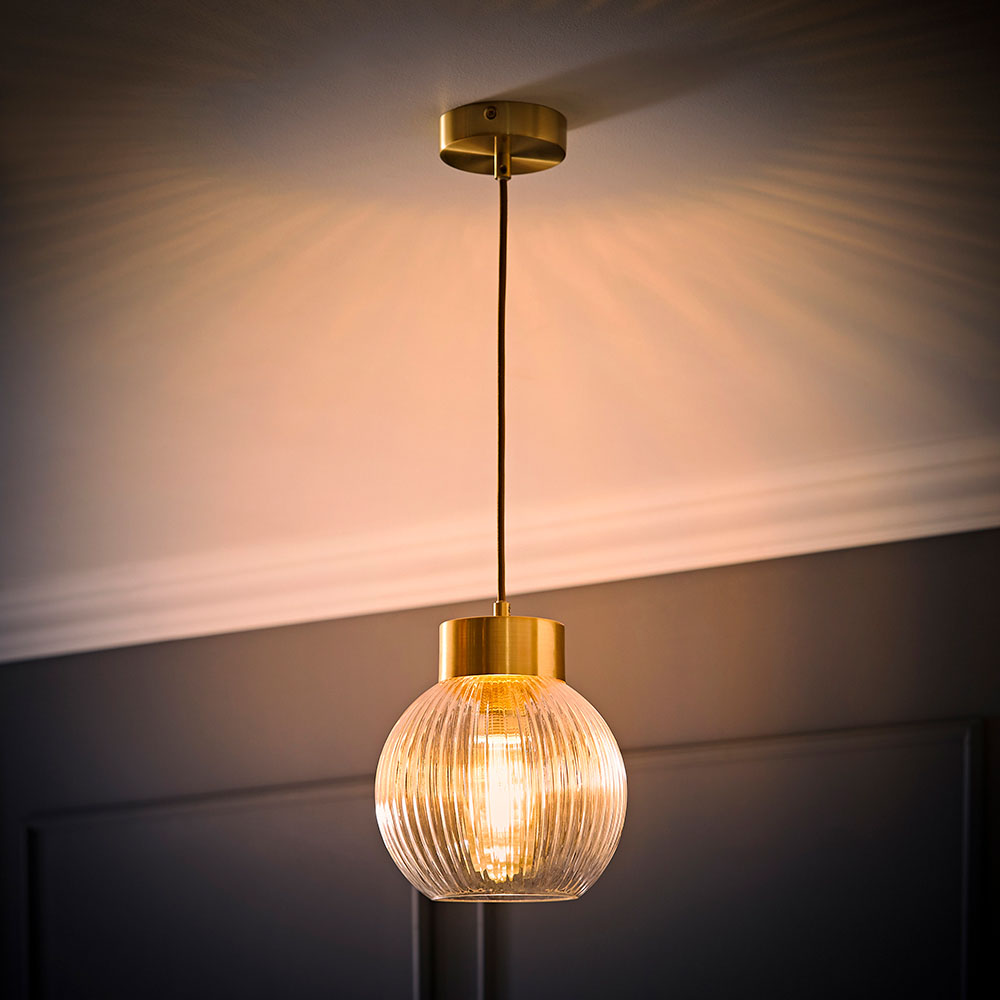 ValueLights Maddison Ribbed Glass Shade Brushed Gold Capped LED Ceiling Pendant Light Image 2