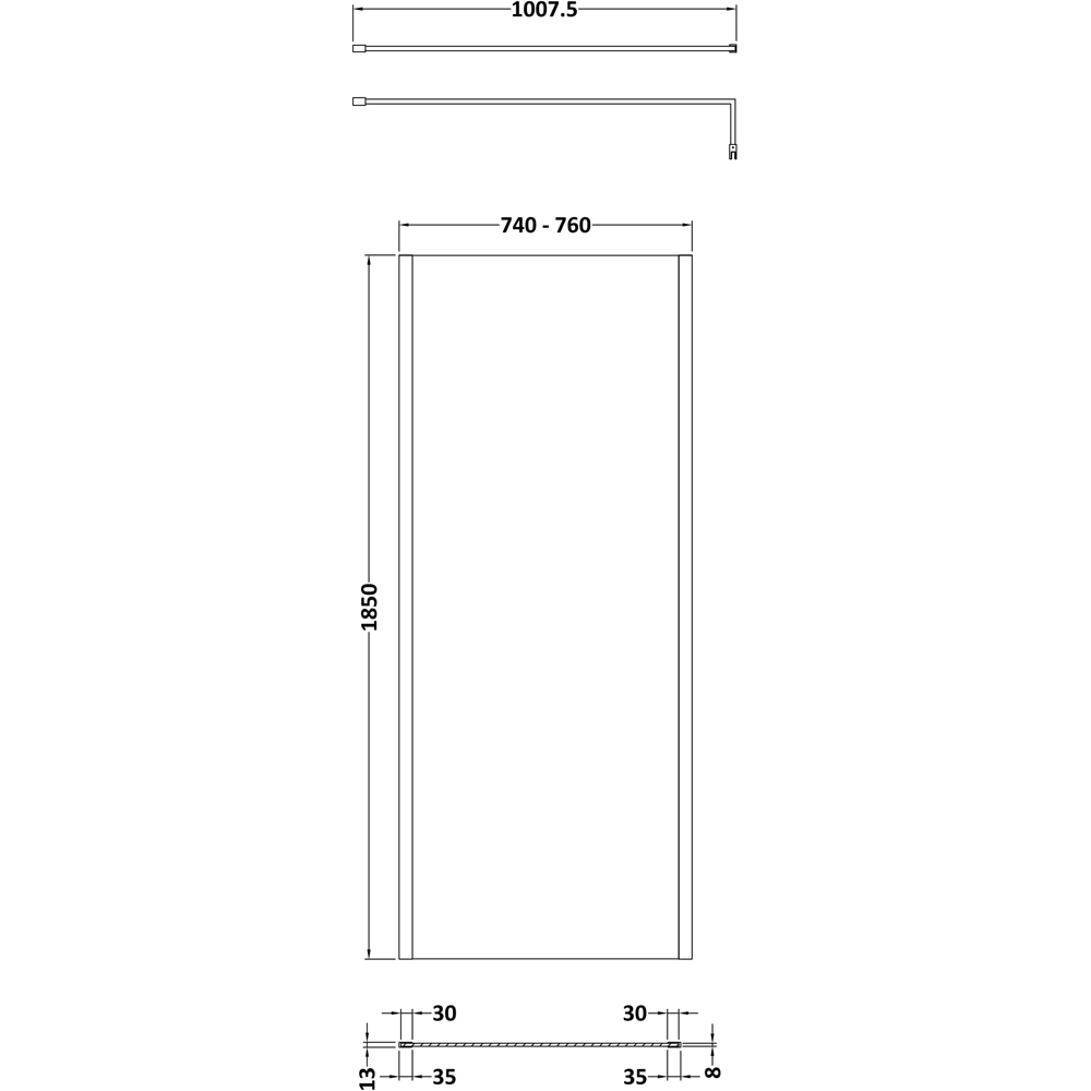 nuie Brushed Brass Outer Framed Wetroom Screen with Support Bar 1850 x 760mm Image 2