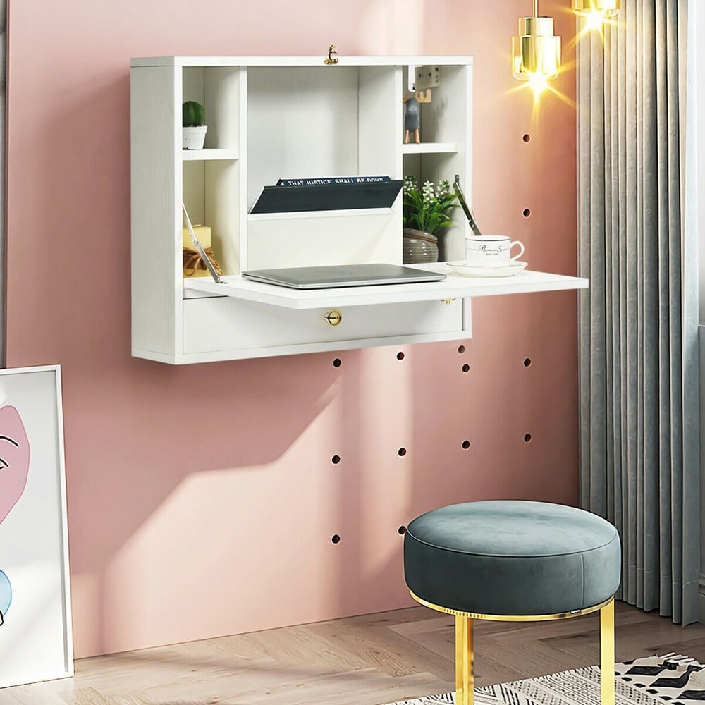 Costway Wall Mounted Foldable Wooden Cabinet with Multi-functional Desk White Image 5