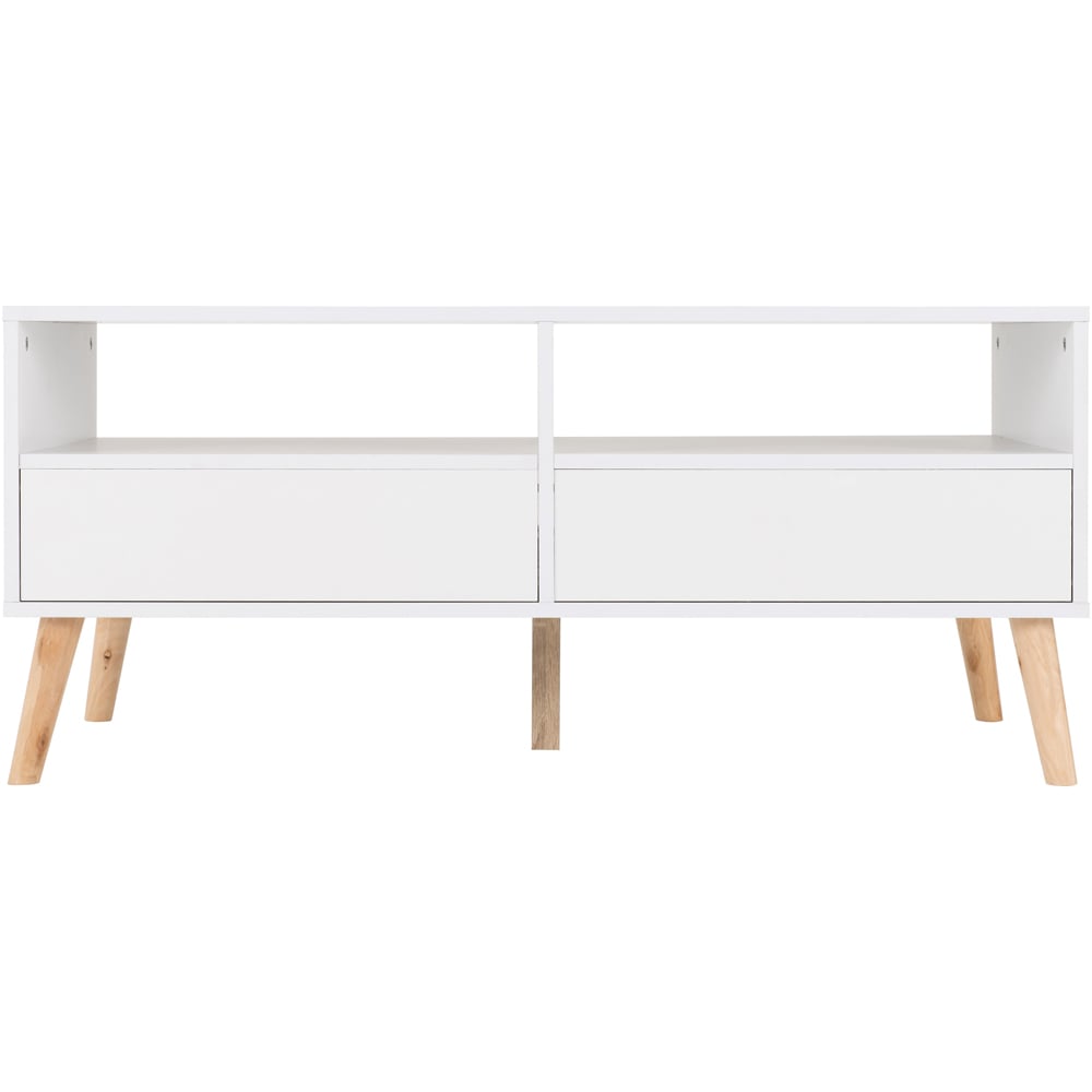 Seconique Nordic 2 Drawer 2 Shelf White Distressed Effect Coffee Table Image 6