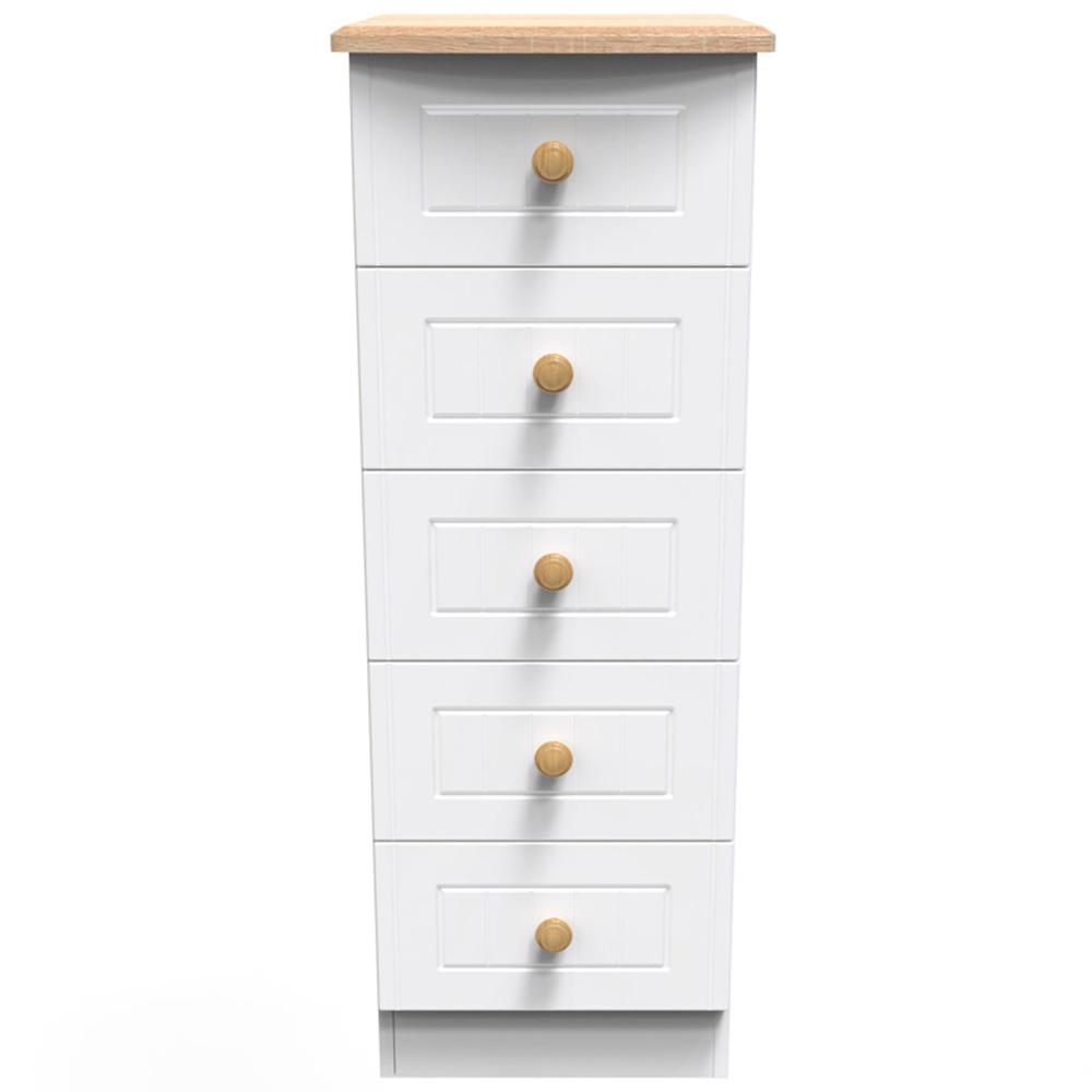 Crowndale Warwick 5 Drawer White Ash and Oak Tall Bedside Cabinet Image 2