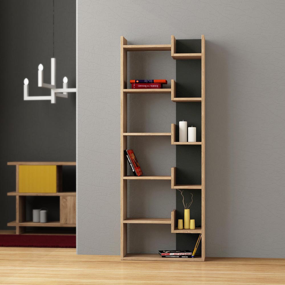 Decortie Oppa Oak and Anthracite Grey 5 Zigzag Shelf Bookcase Image 3