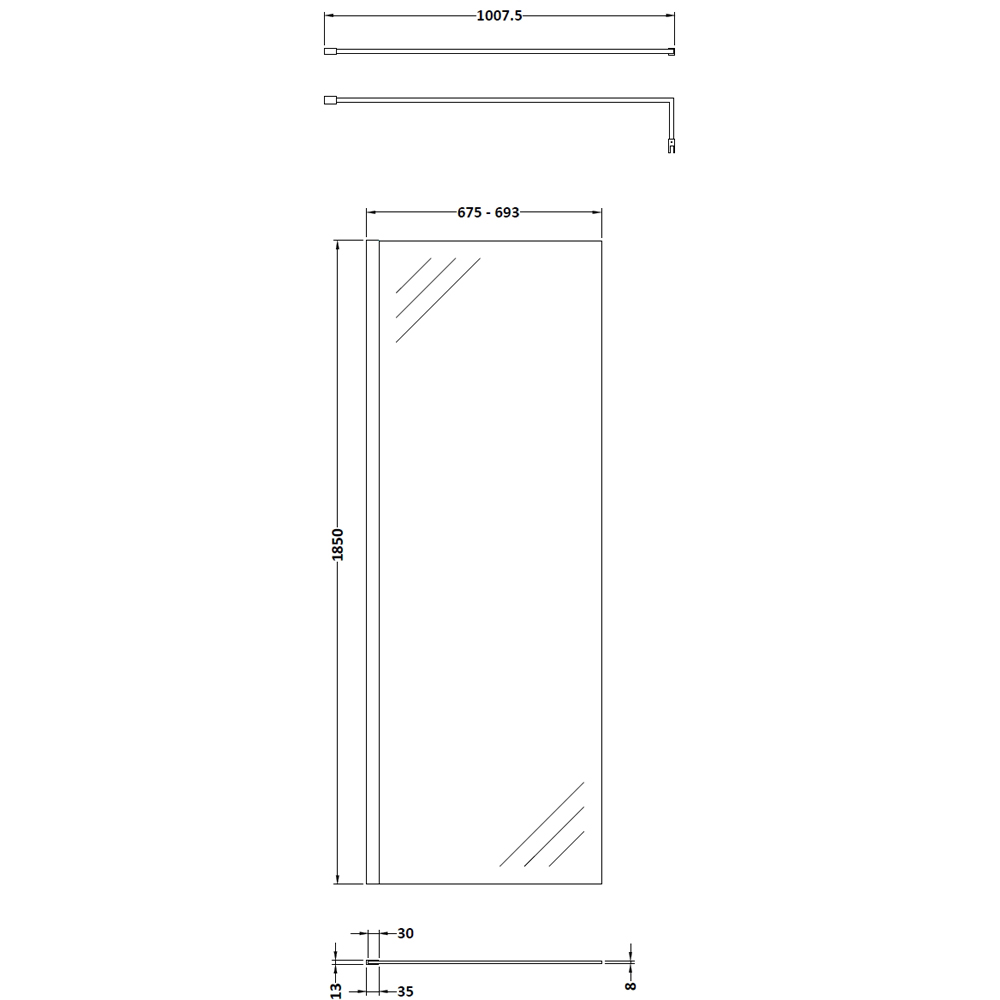 nuie Polished Chrome Wetroom Screen and Support Bar 700mm Image 2