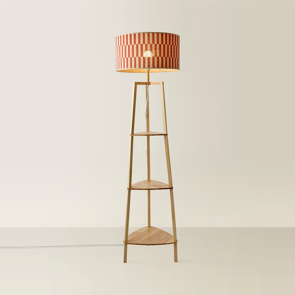 ValueLights Hiru Orange Checkerboard Bamboo Shade Shelf Tripod LED Floor Lamp with Bulb Image 4