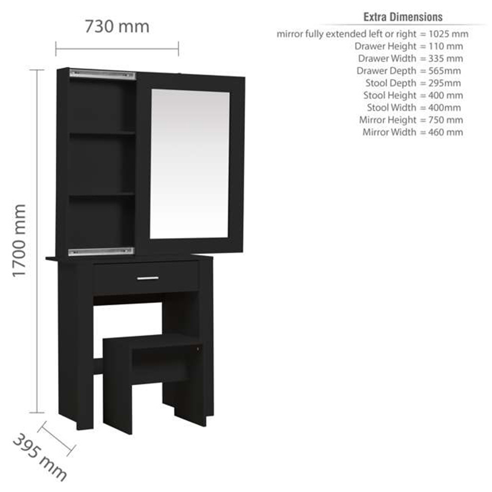 Evelyn Single Drawer Black Dressing Table Set with Sliding Mirror Image 9