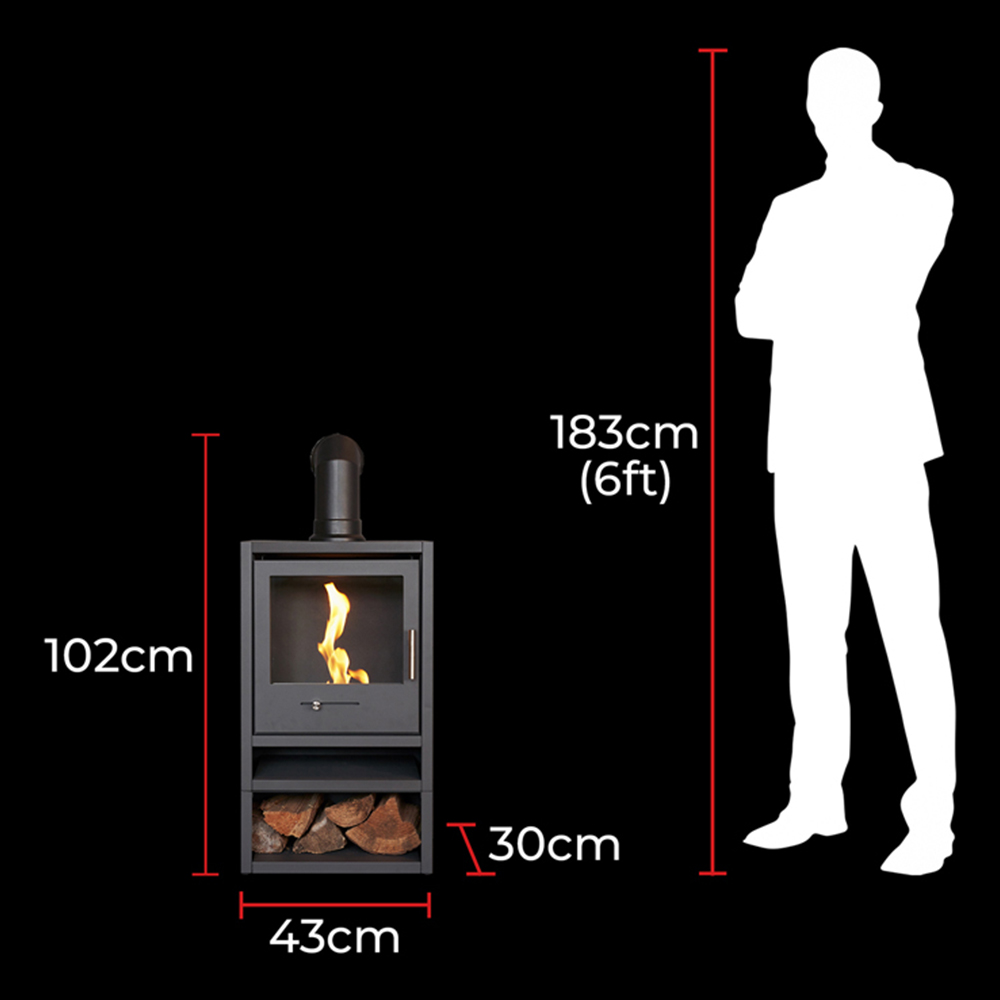 OKO S1 Charcoal Grey Bio Ethanol Stove with Log Storage and Angled Pipe Image 8