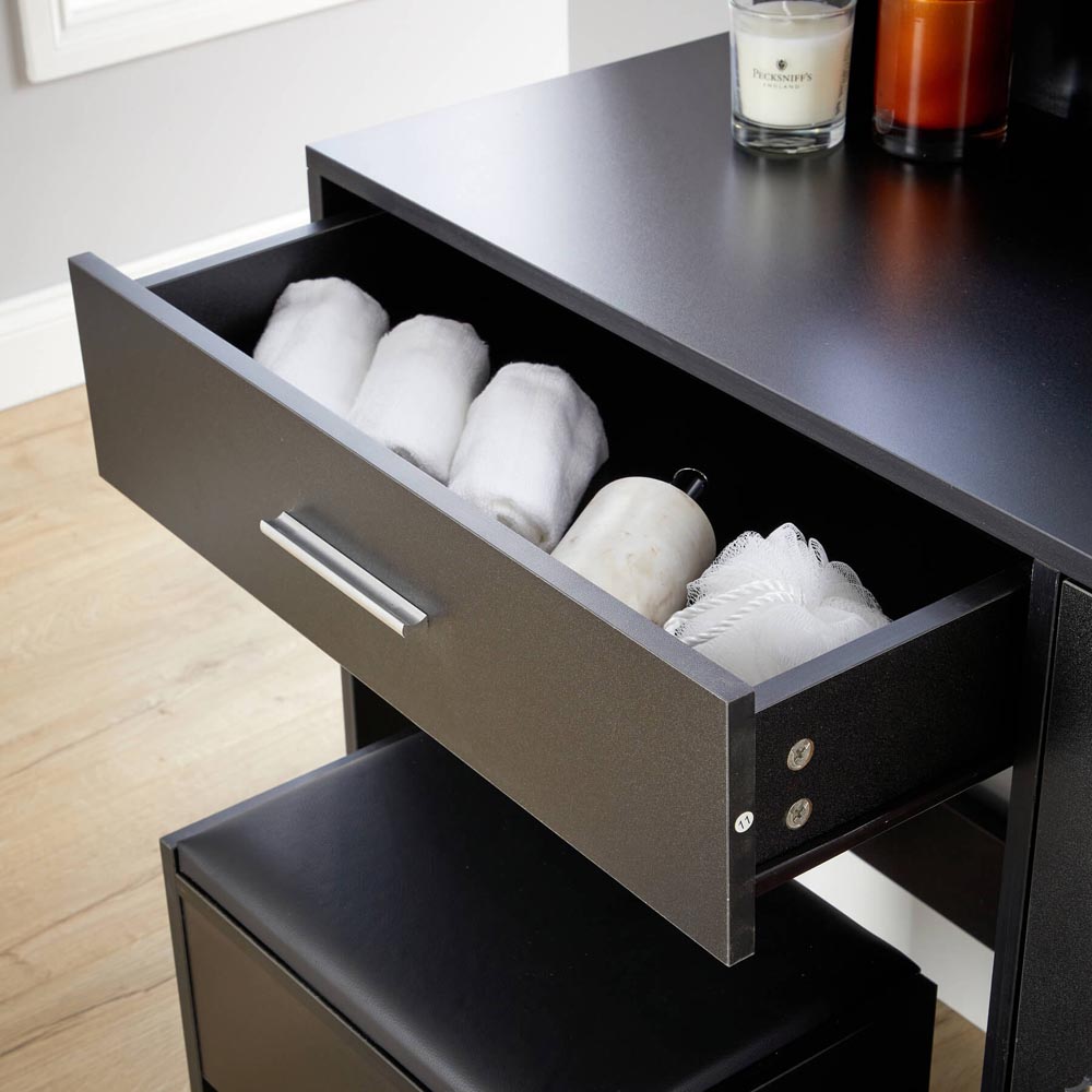Home Source Sophia Single Door Single Drawer Black Dressing Table Set with LED Mirror Image 4