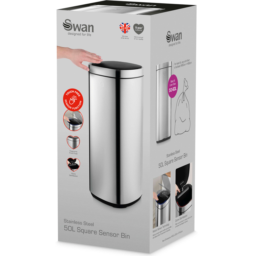 Swan Silver Stainless Steel Square Sensor Bin 50L Image 2