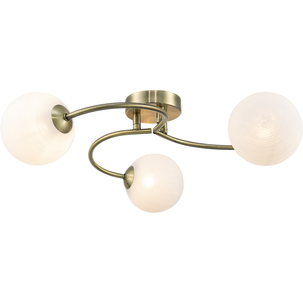 Happy Homewares 3 Arm Antique Brass Ceiling Light with Opal Swirl Glass Spherical Shades Image 3