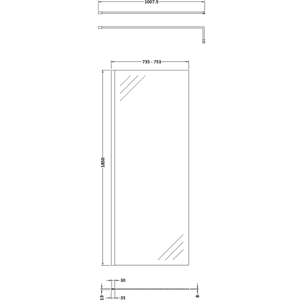 nuie Polished Chrome Wetroom Screen and Support Bar 760mm Image 2