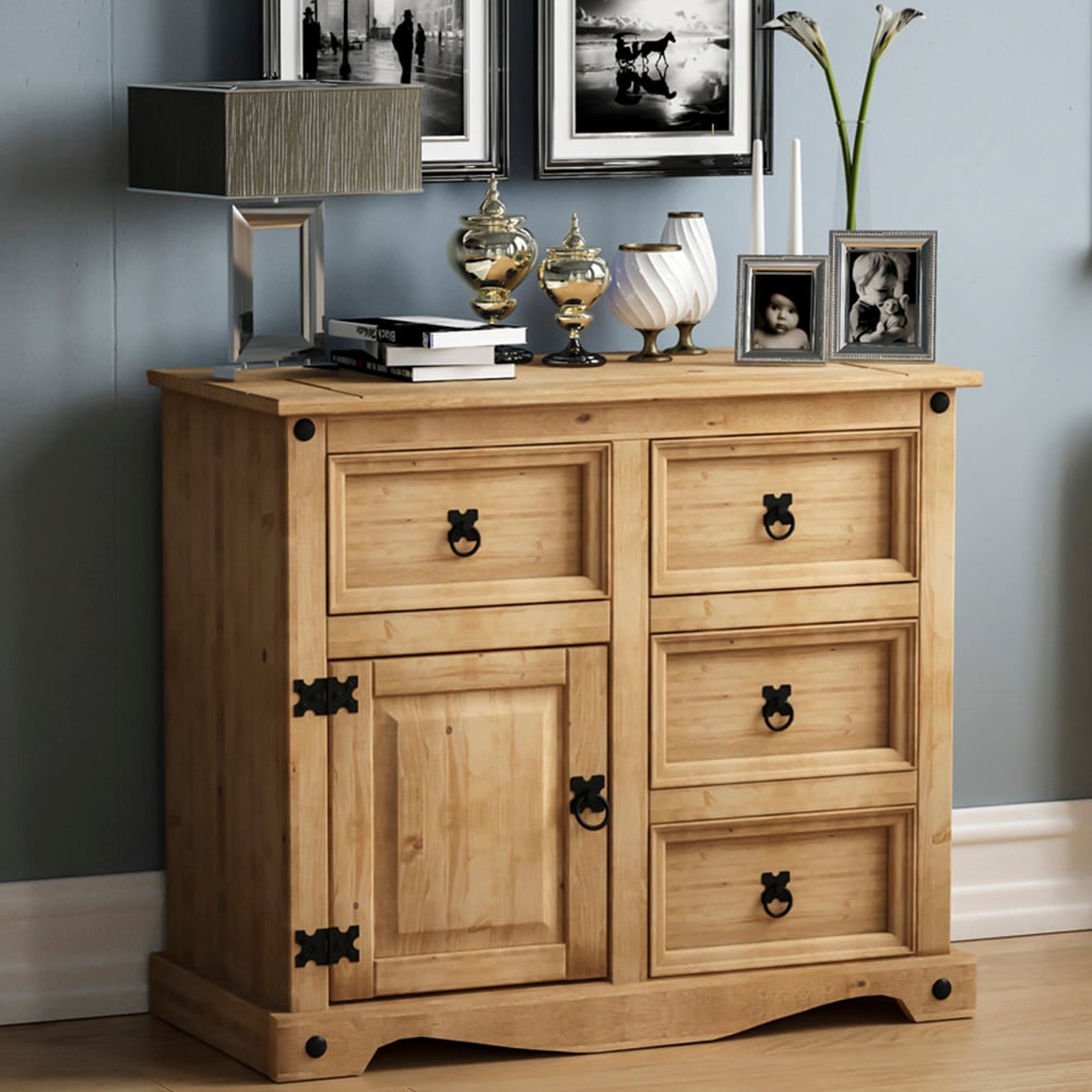 Vida Designs Corona Single Door 4 Drawer Pine Small Sideboard Image 7