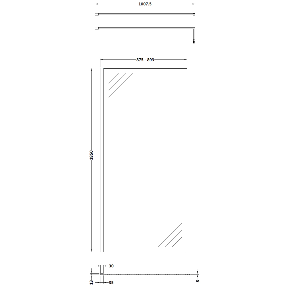 nuie Matt Black Wetroom Screen with Support Bar 1850 x 900mm Image 2