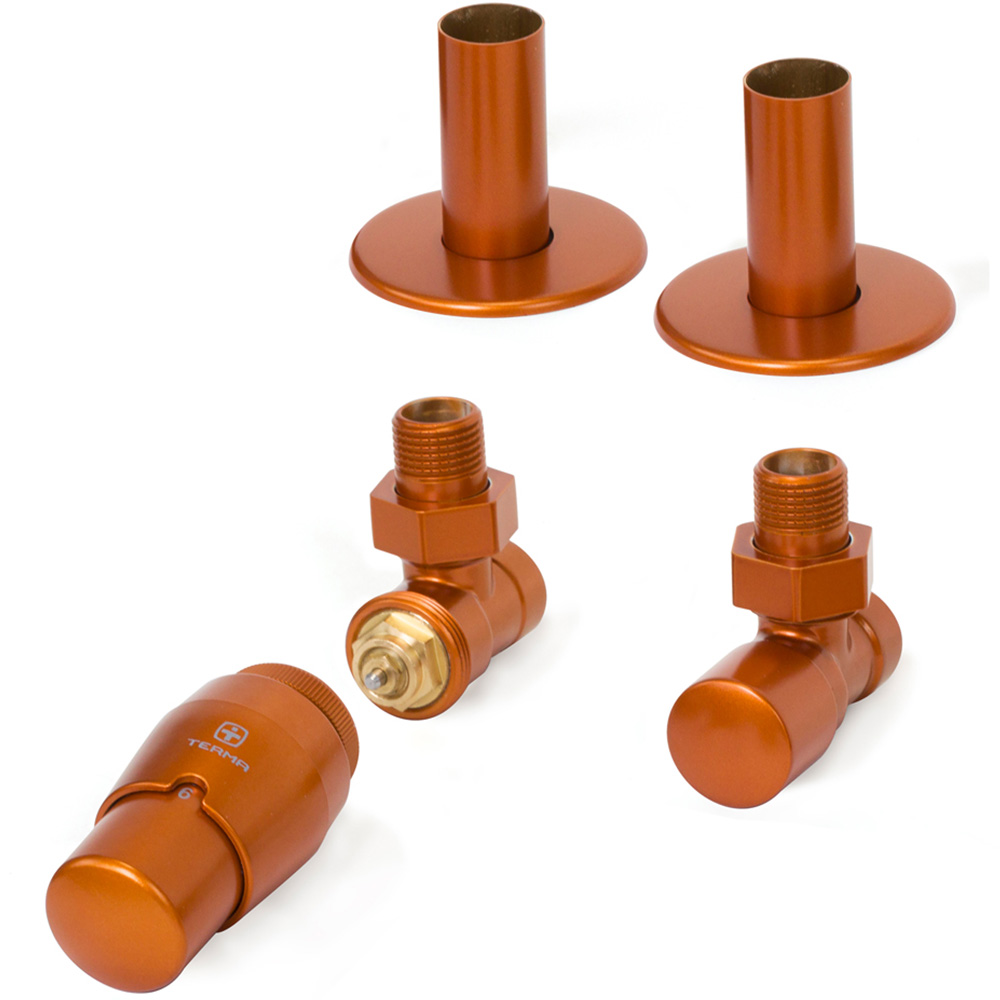 Terma Vario True Copper Royal Angled Thermostatic Radiator Valve with Pipe Masking Set Image 2