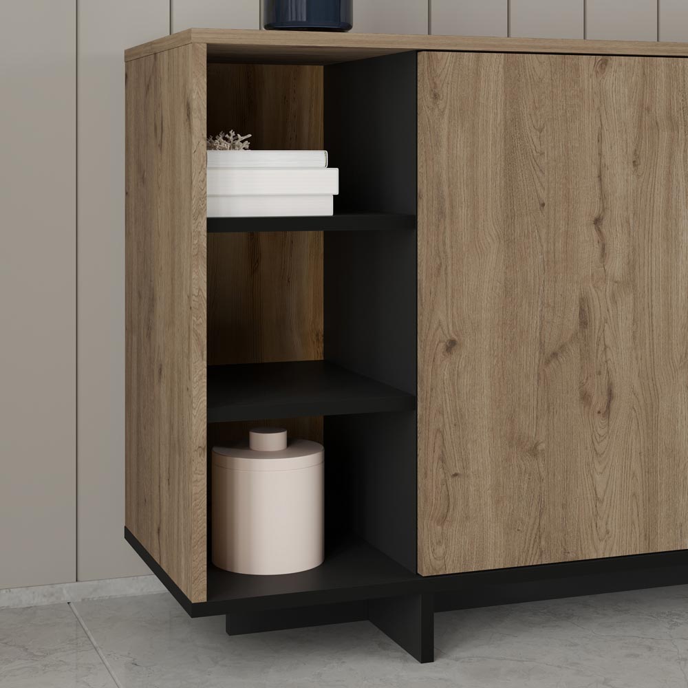 Decortie Stockton 3 Door Oak Effect and Black Sideboard Image 6