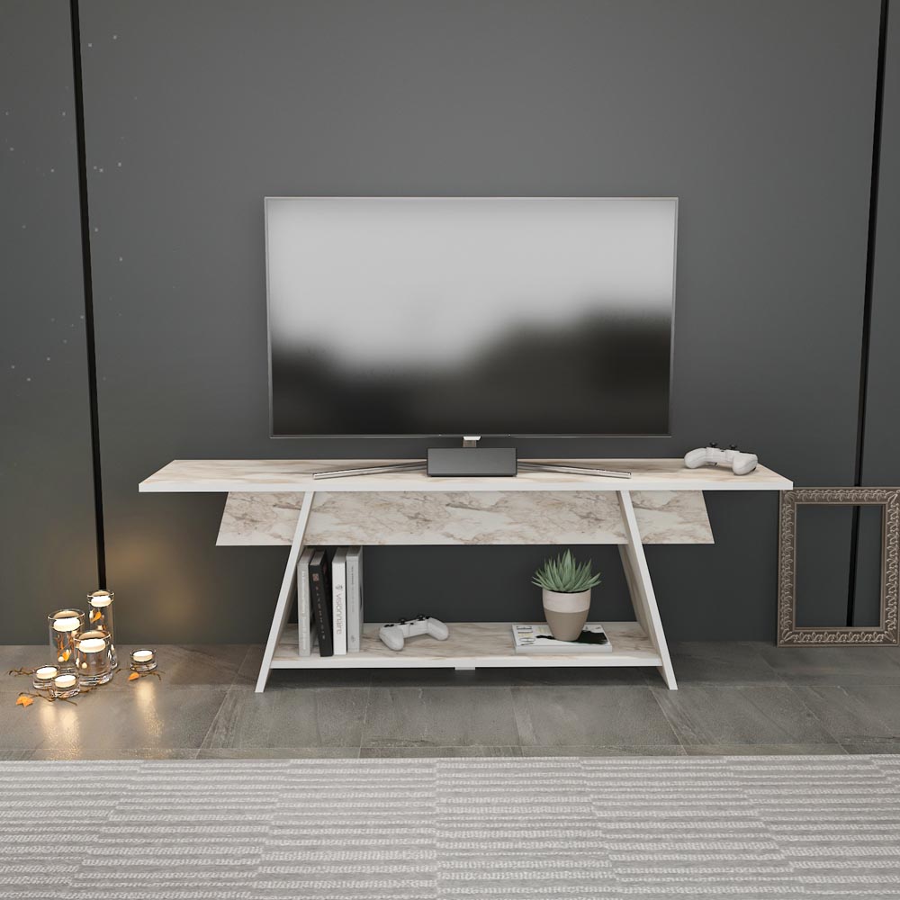 Decorotika Lanca Single Shelf White Marble Effect TV Unit Image 5