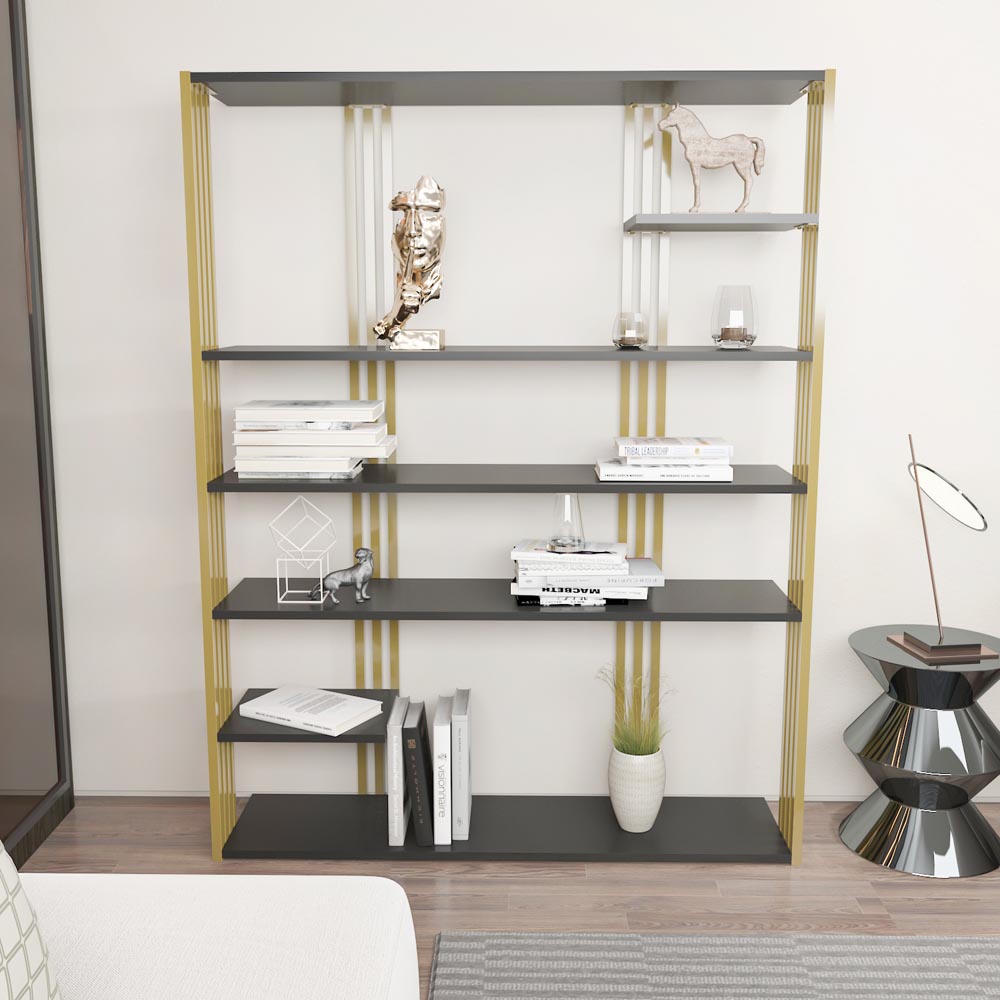 Decorotika Jeni 6 Shelf Anthracite and Gold Bookcase Image 3