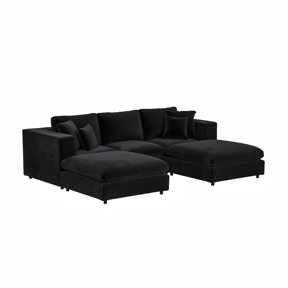 SOLACE+CO Asher 4 Seater Black Velvet U Shape Sofa with Footstool Image 2