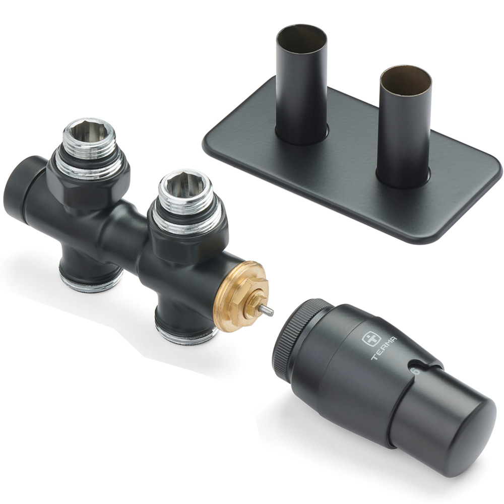Terma Vario Sparkling Matt Black Twins Straight Integrated Thermostatic Radiator Valve Set 50mm Image 4