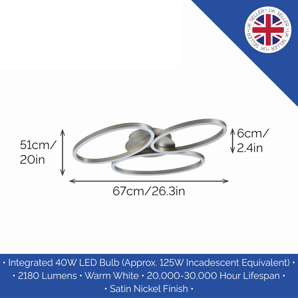 Happy Homewares Brushed Nickel LED Semi Flush Ceiling Light with Oval Arms Image 6