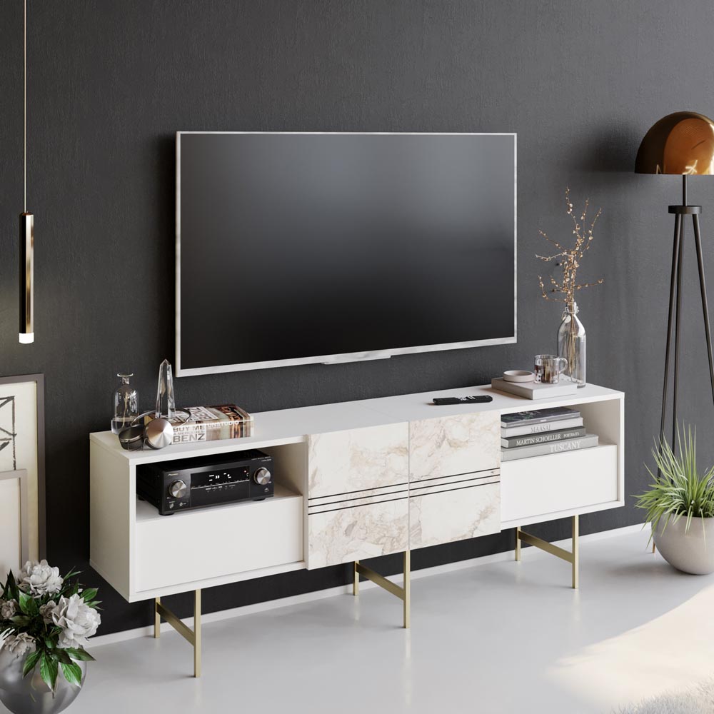 Decorotika Derin White Marble and Gold TV Unit Image 7