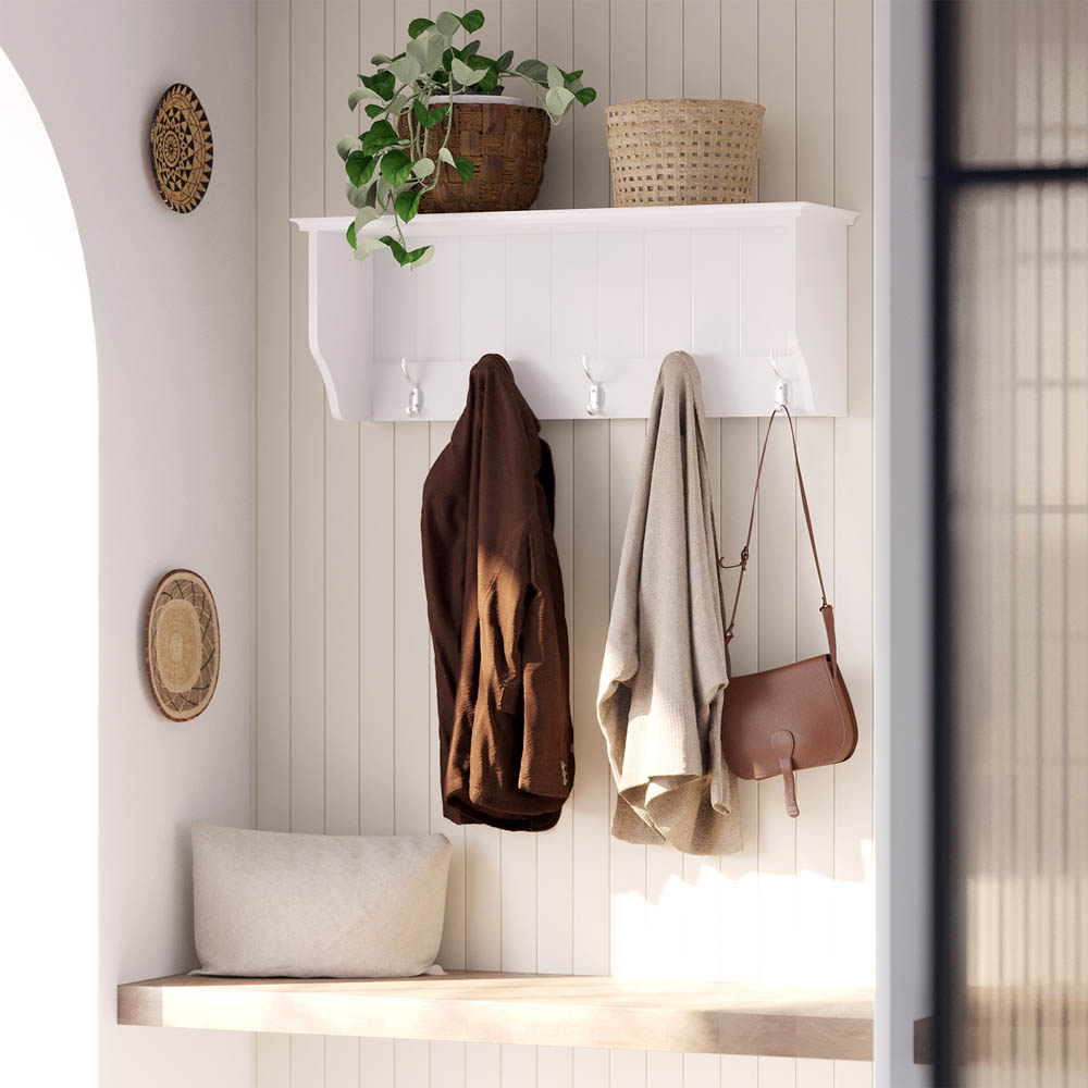 Homebase White Bevelled Coat Shelf with 5 Double Hooks Image 2