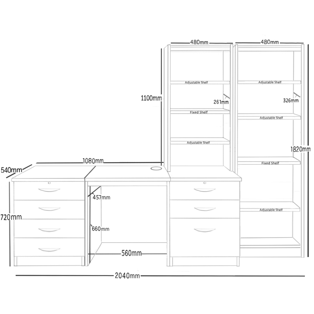 R White Cabinets SET-15-IN-BH Desk Drawer Unit and Hutch Narrow Bookcase Home Office Furniture Set Image 4