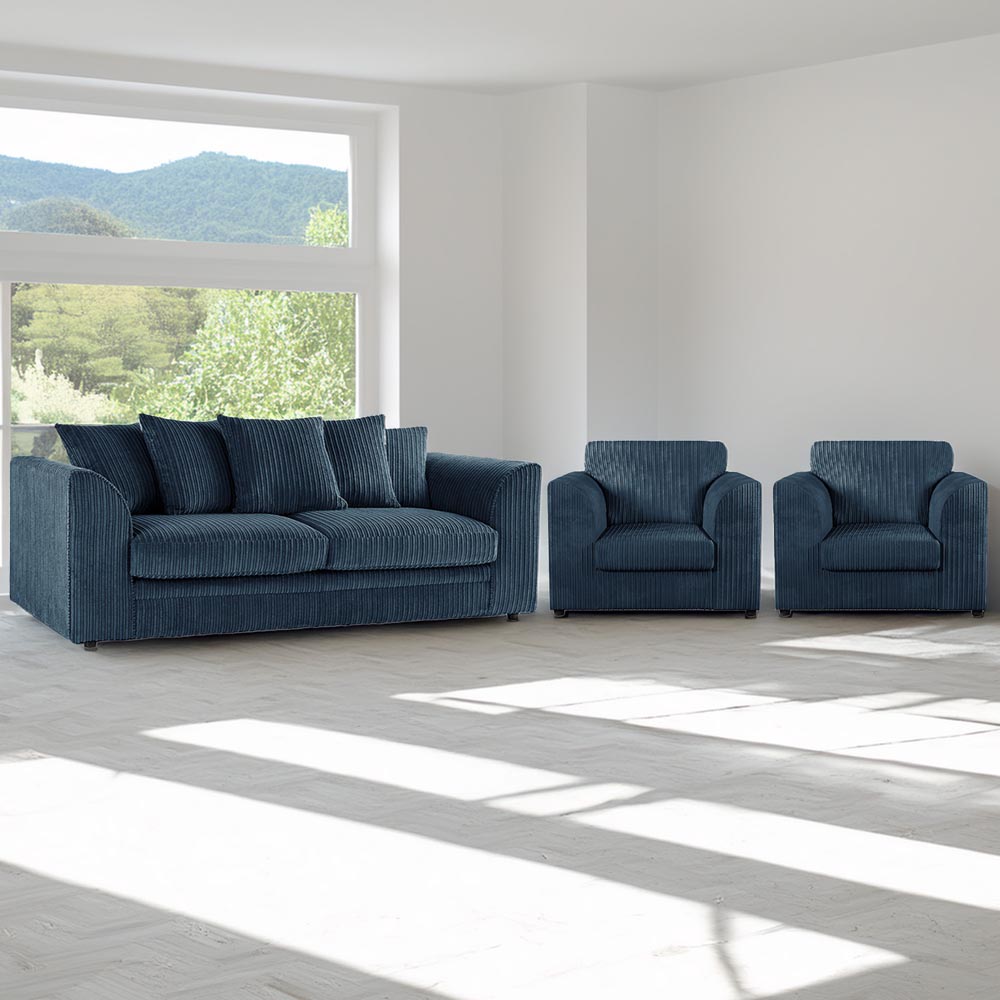 Luxor 5 Seater Navy Blue Jumbo Cord Scatter Back Sofa Suite Image 1