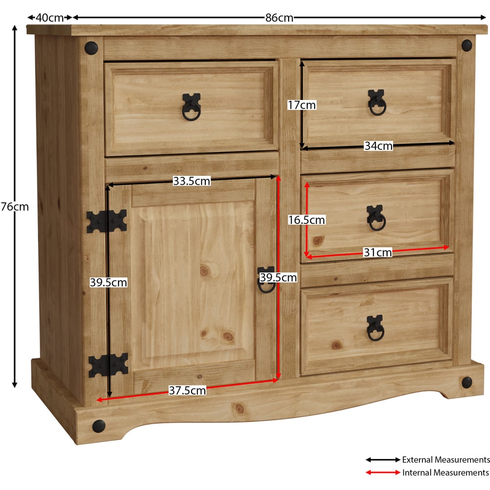 Vida Designs Corona Single Door 4 Drawer Pine Small Sideboard Image 8