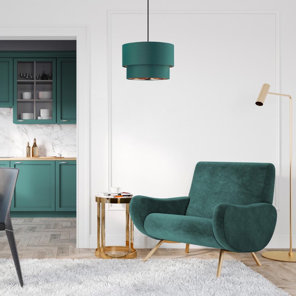 Happy Homewares Modern 2 Tier Forest Green Cotton Pendant Shade with Copper Inner Image 2