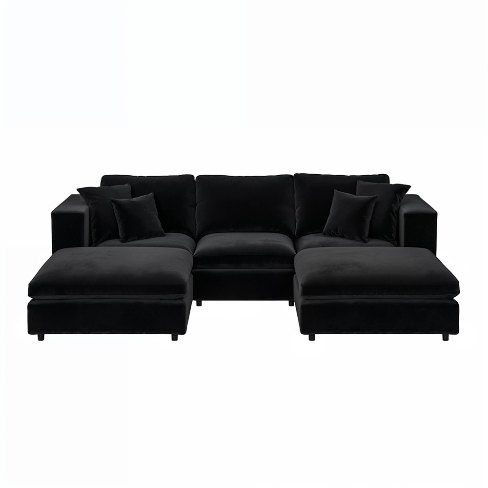 SOLACE+CO Asher 4 Seater Black Velvet U Shape Sofa with Footstool Image 3